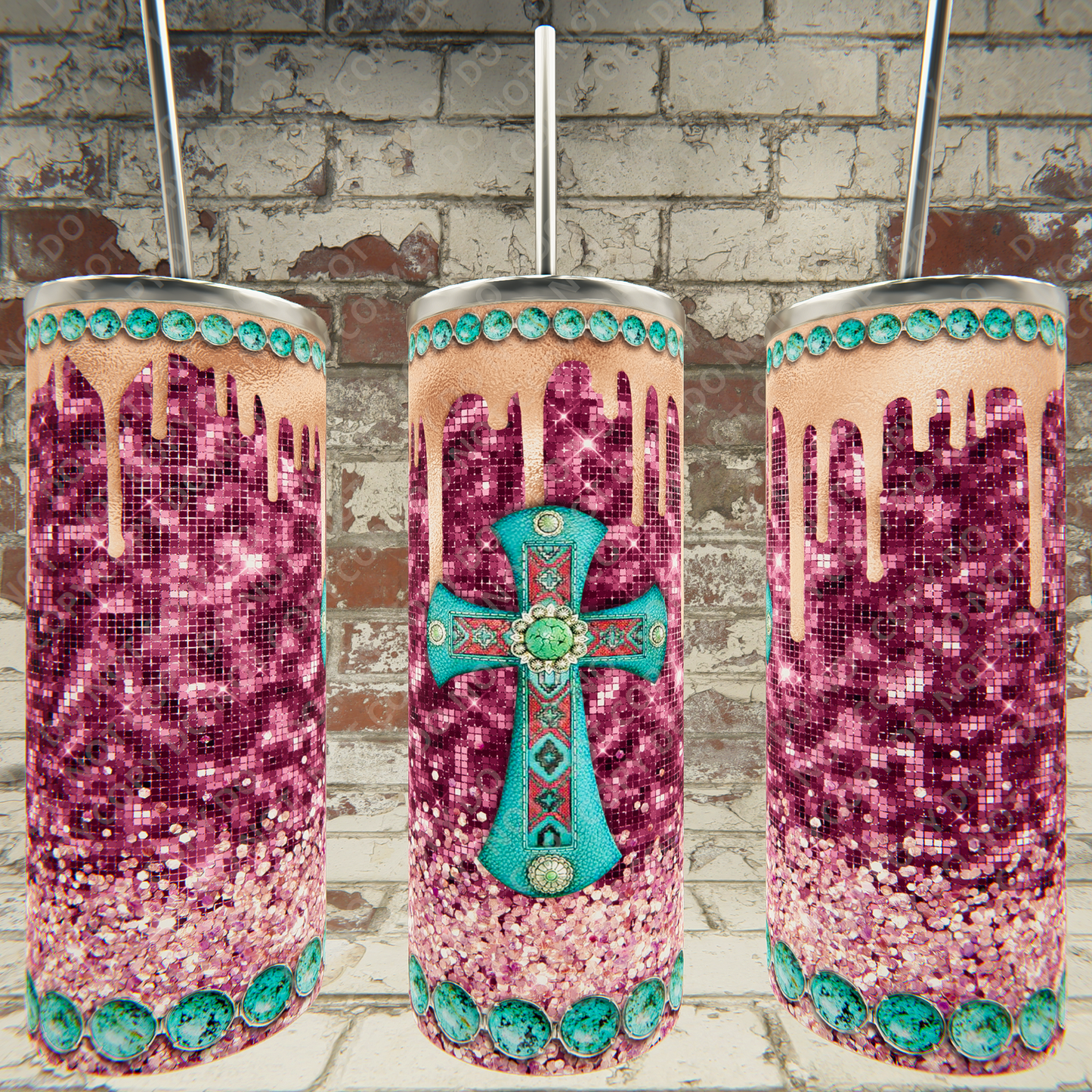 Pink Glitter Textured Turquoise Cross