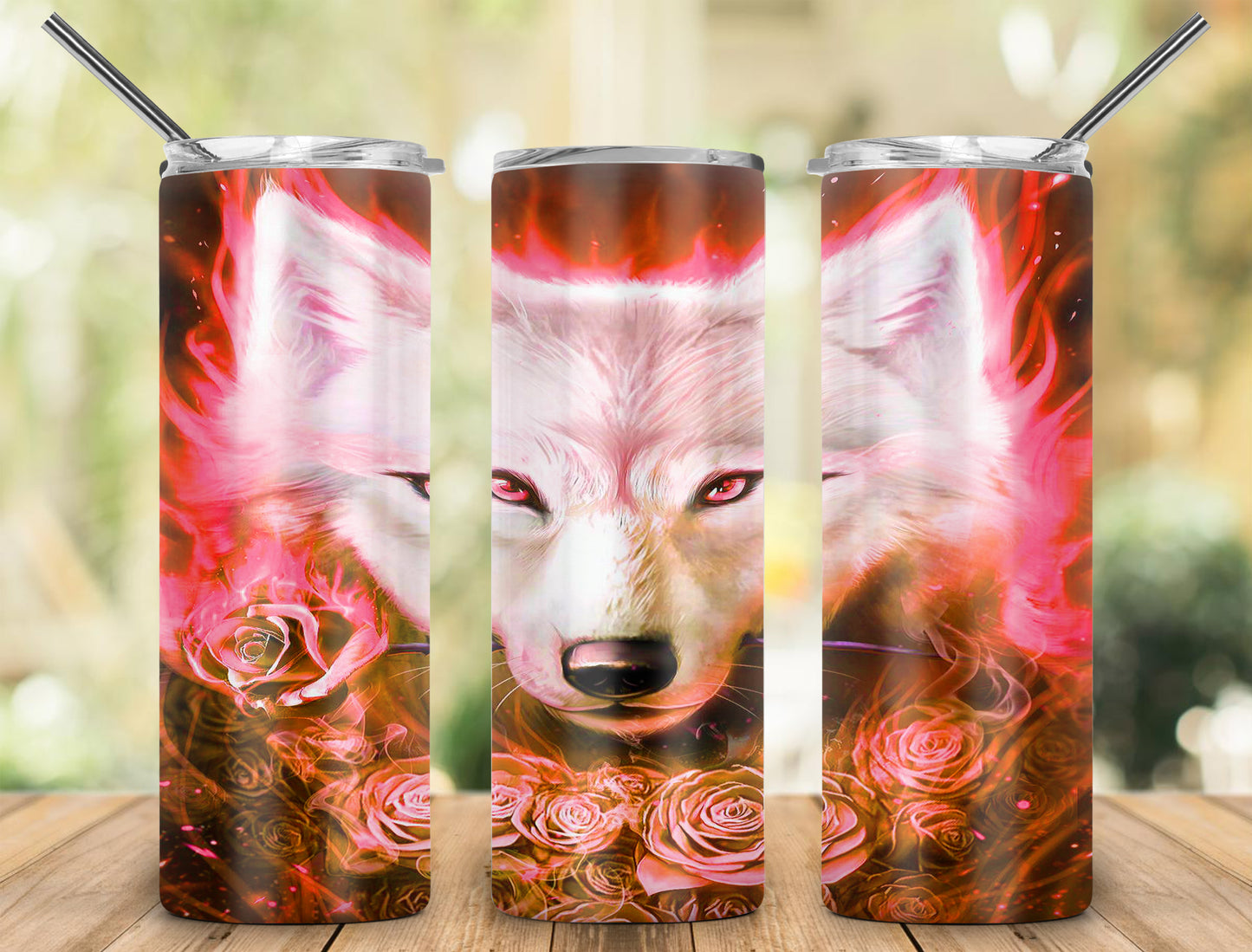 White Wolf with Roses red background