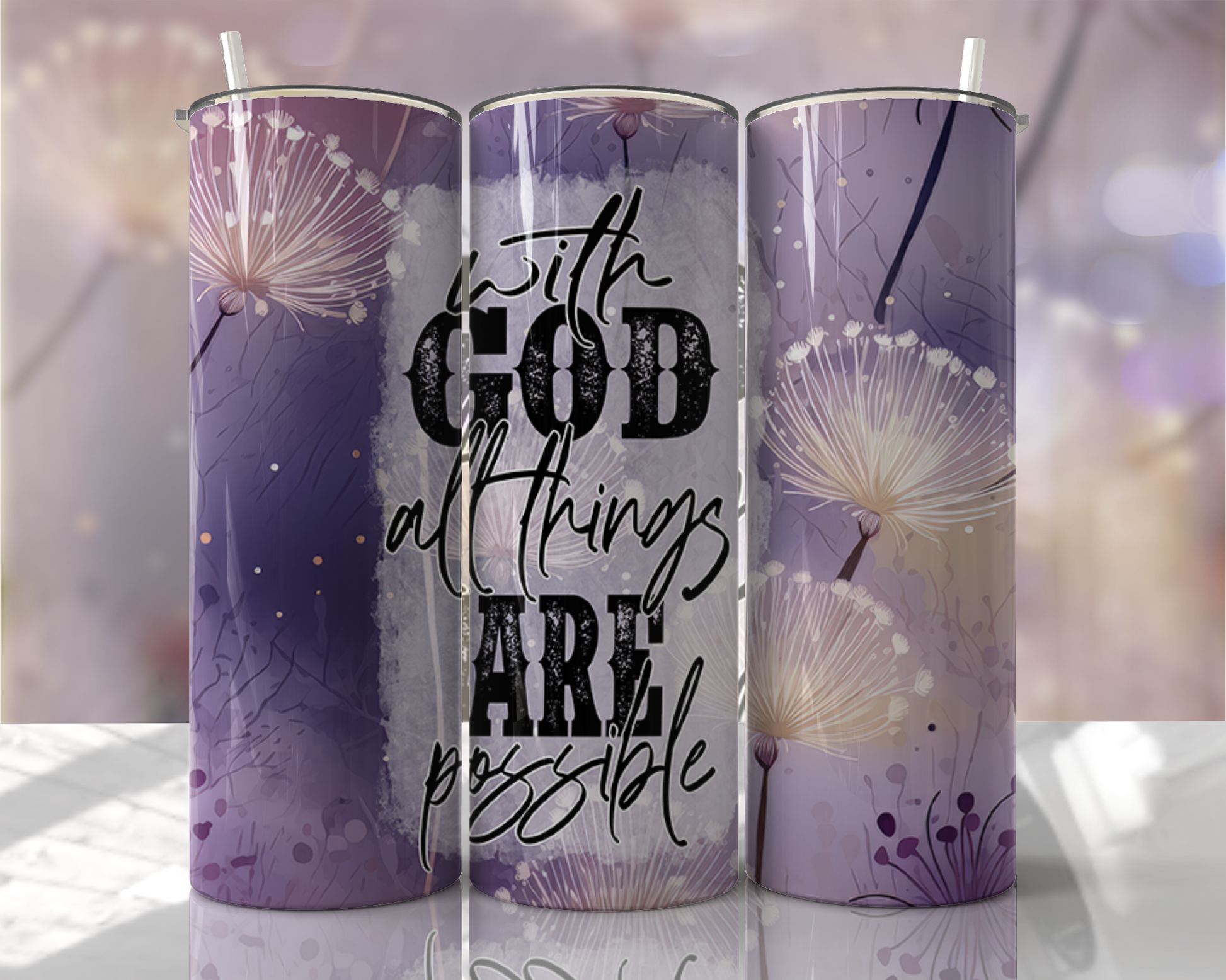 three travel mugs with the words, with god all things are possible