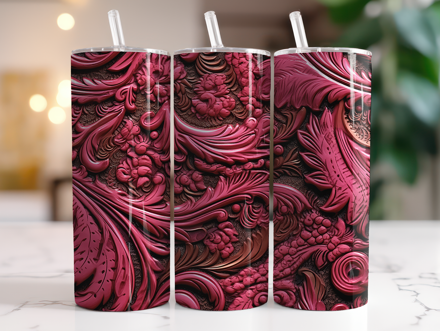 3D Pink Tooled Leather