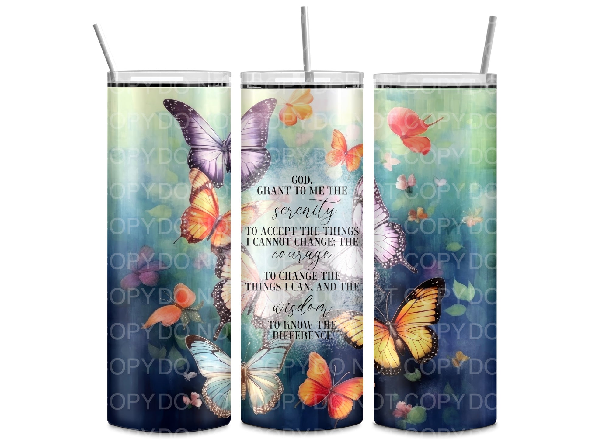 a set of two tumbles with butterflies on them