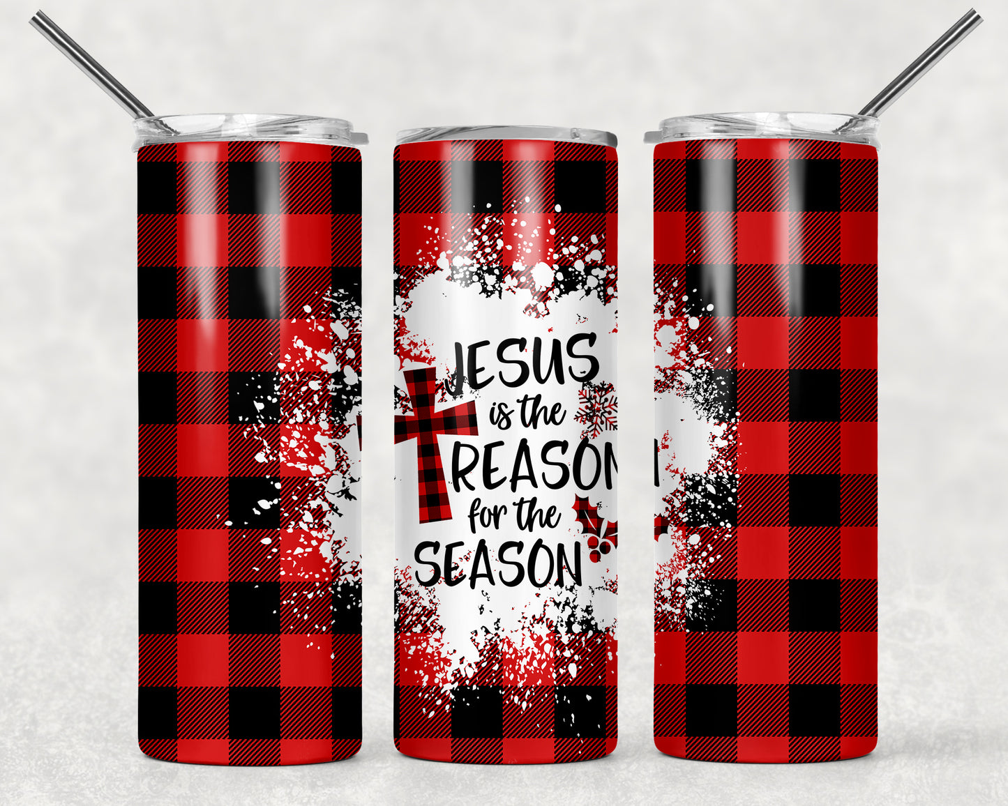 a pair of red and black plaid cans with jesus is the reason for the season