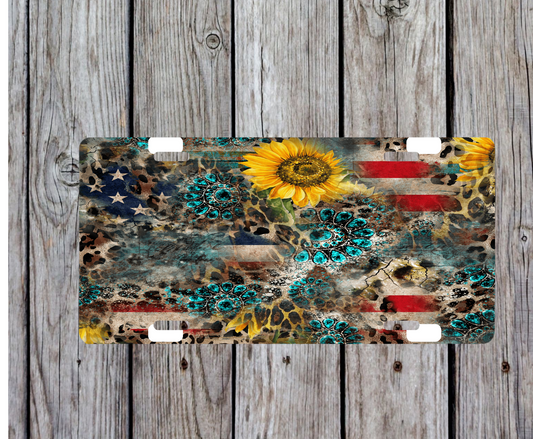 Turquoise, sunflowers, American flag License Plate