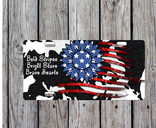 Bold Stripes Bright Stars Brave Hearts License Plate