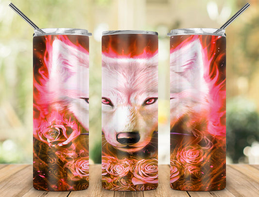 White Wolf with Roses red background